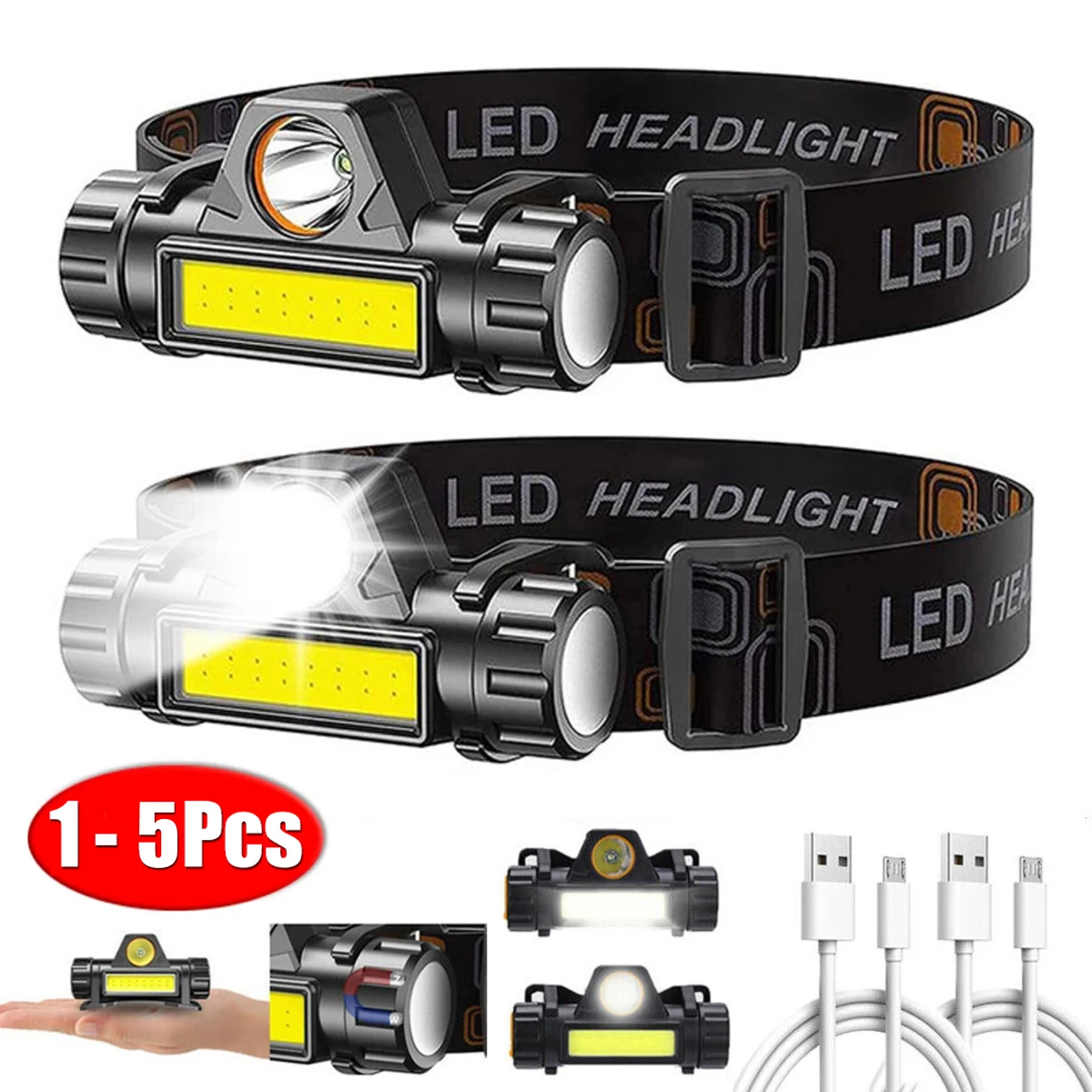 Linterna frontal LED COB recargable, potente linterna magnética superbrillante, resistente al agua, para pesca al aire libre, 1-5 uds.