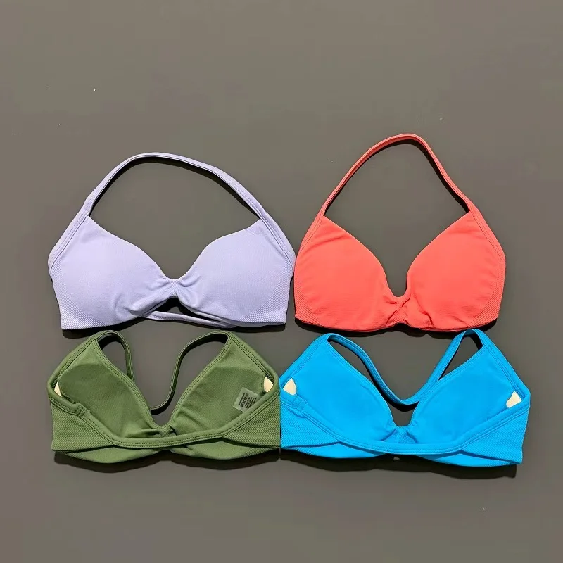 HISTELLO-Sujetador de tiras para gimnasio para mujer, Top de alto soporte con tirantes finos, sujetadores deportivos sin costuras con cuello Halter, camisetas sin mangas para entrenamiento de realce y Yoga