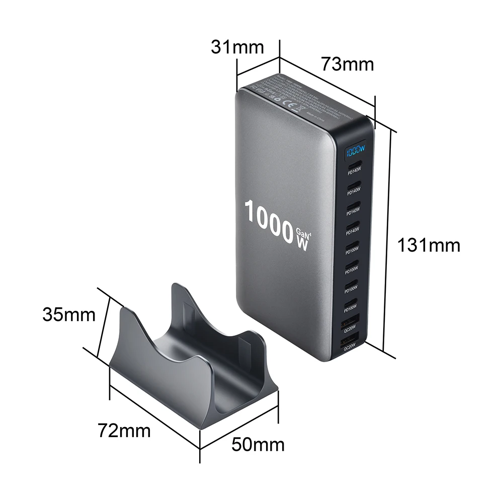 Cargador GaN de 1000W, USB C, de Escritorio, 10 Puertos, USB Tipo C, PD3.1, Carga Rápida para iPhone 17, 16, 15, Samsung S24, Xiaomi, Laptop