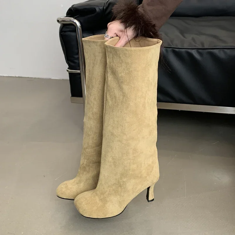 Botas hasta la rodilla con punta redonda estilo callejero para Mujer, Zapatos Punk finos De tacón alto, botines largos para Mujer, Invierno