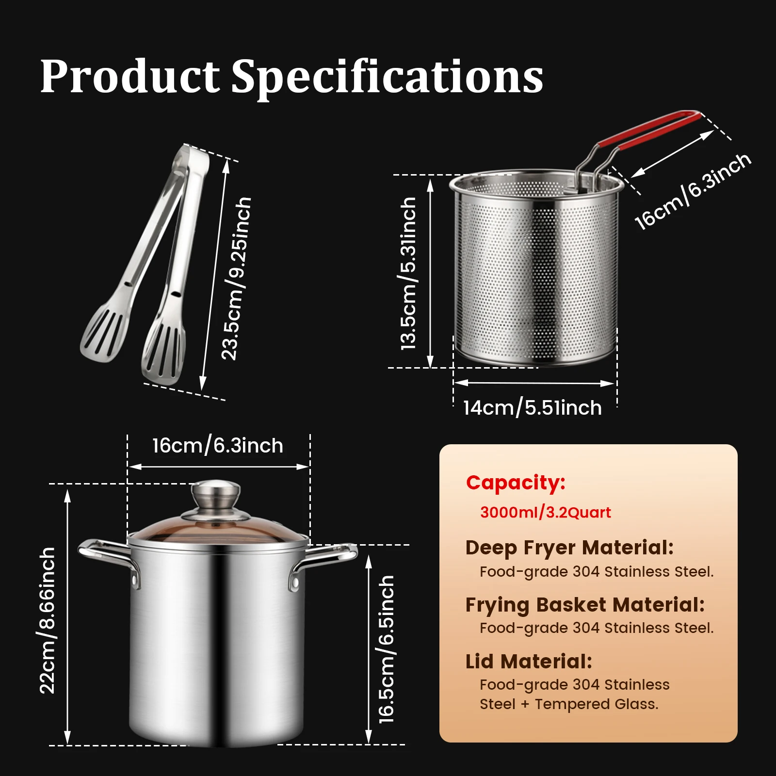 Olla para freidora de acero inoxidable 304, olla para freír con cesta y tapa, freidora de calidad alimentaria, olla para freír multifuncional de 3,2 cuartos