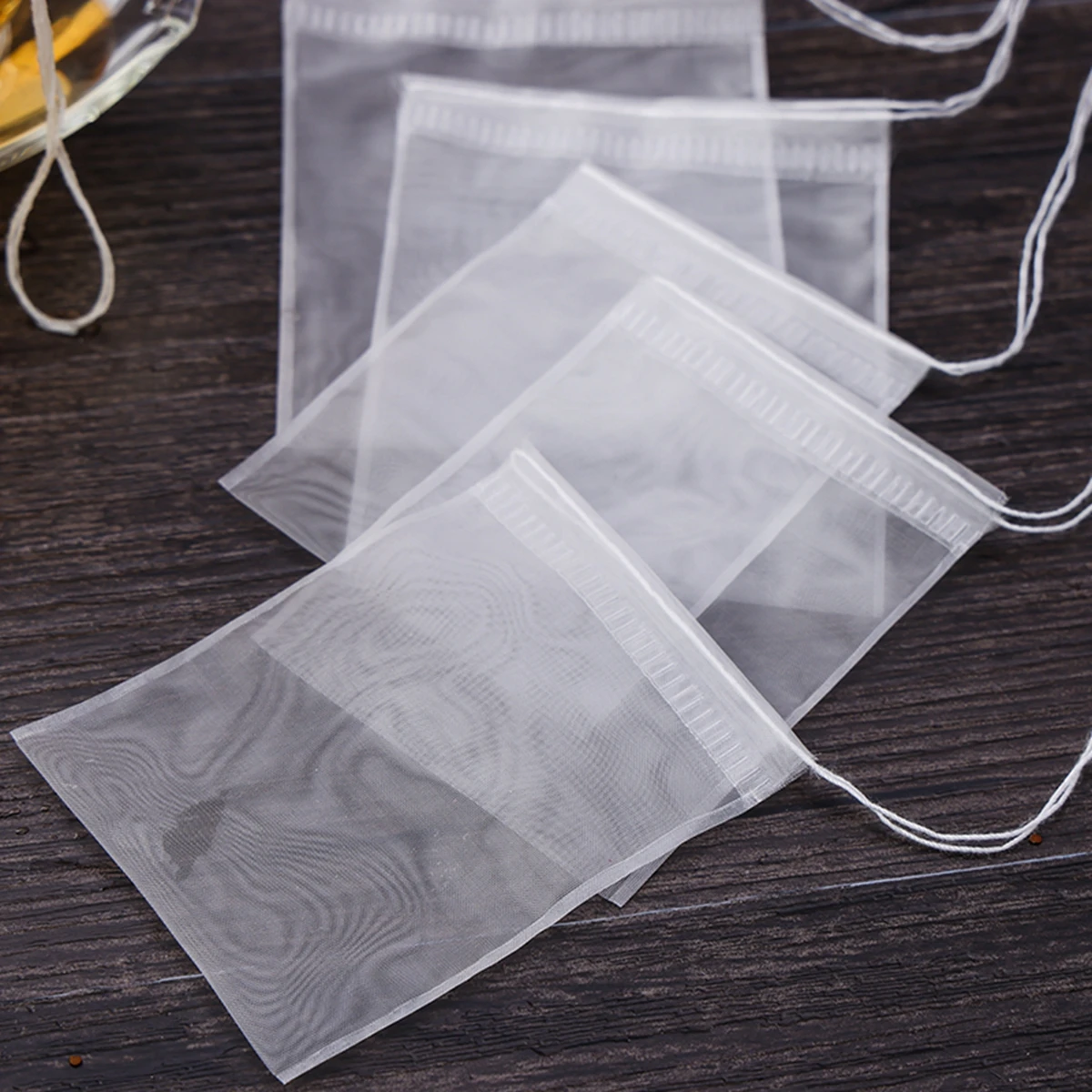 Bolsas de té transparentes reutilizables de nailon, bolsitas de té vacías con sello de cuerda, filtro para hierbas y especias, 500 piezas
