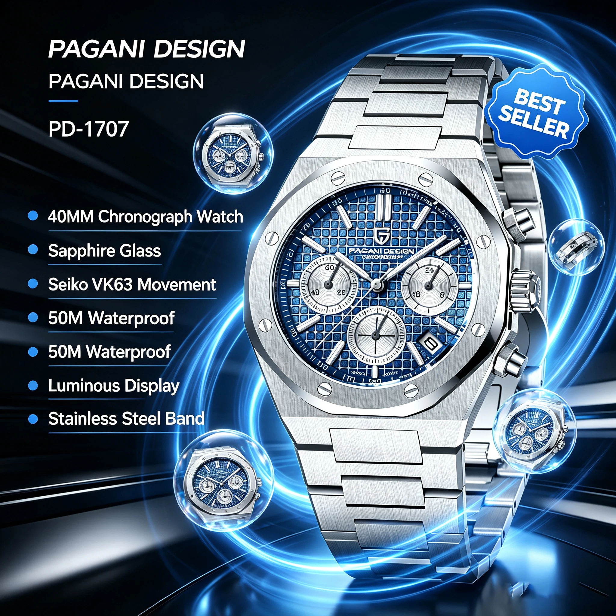 Reloj Pagani Design 2026 Nuevo Vk63 para Hombre, Cronógrafo de Cuarzo V2, Lujoso, con Cristal de Zafiro, Acero Inoxidable, Resistente al Agua 20 Bar, Luminoso
