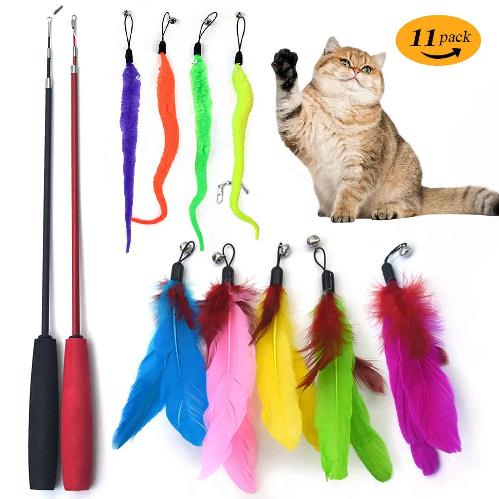 Divertidos juguetes interactivos para gatos, palo de teaser de plumas, caña de pescar retráctil de tres secciones, felpa colorida con campanas, suministros para mascotas