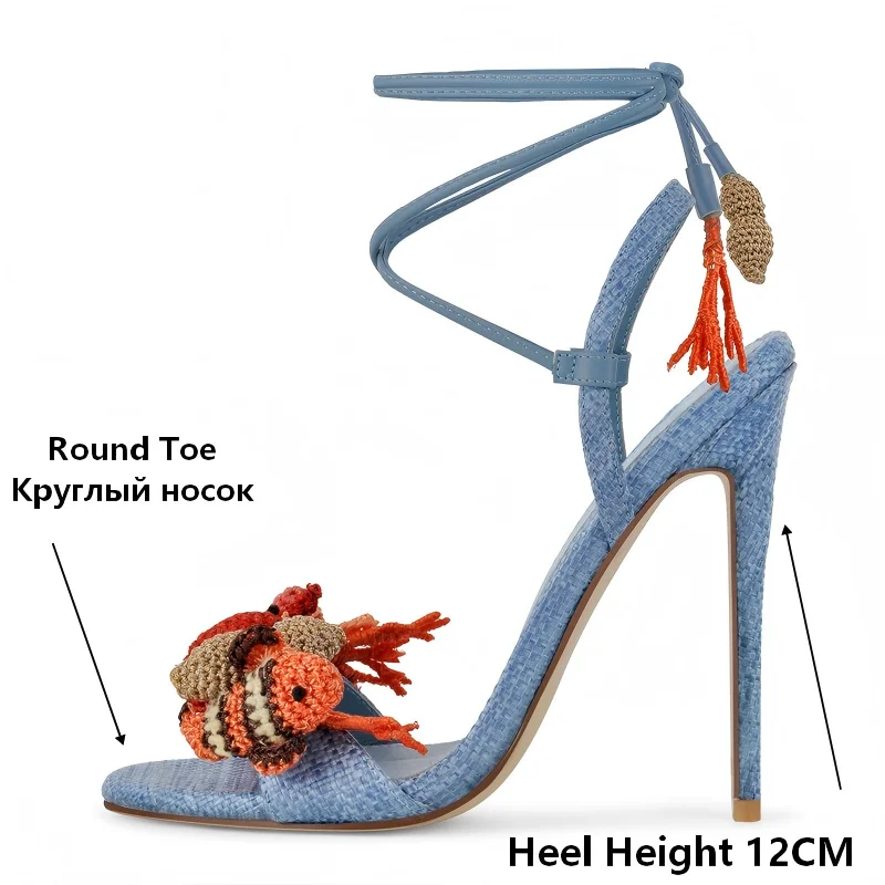 Onlymaker Sandalias de tacón fino con punta redonda y adornos tejidos para mujer, sandalias de talla grande