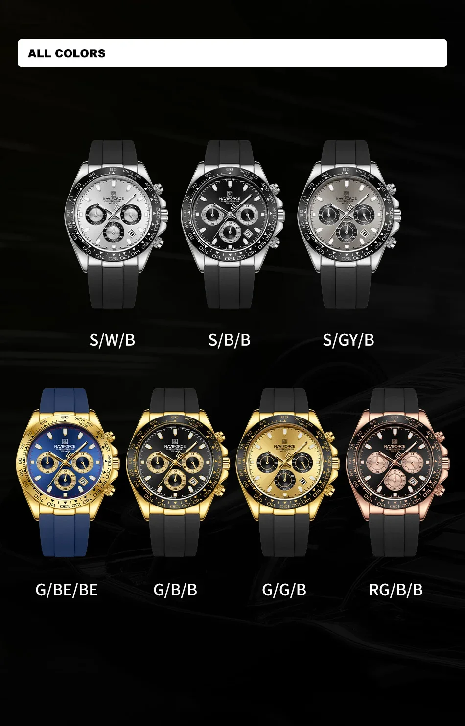 Relojes originales NAVIFORCE NF8054 para hombre, correa de silicona, reloj de pulsera deportivo informal, cronógrafo, luminoso.