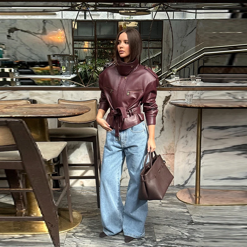 Chaqueta de cuero Vintage para mujer, abrigo corto con bolsillo y cuello levantado, prendas de vestir con cremallera en la cintura Retro, nuevas chaquetas de Otoño Invierno 2025