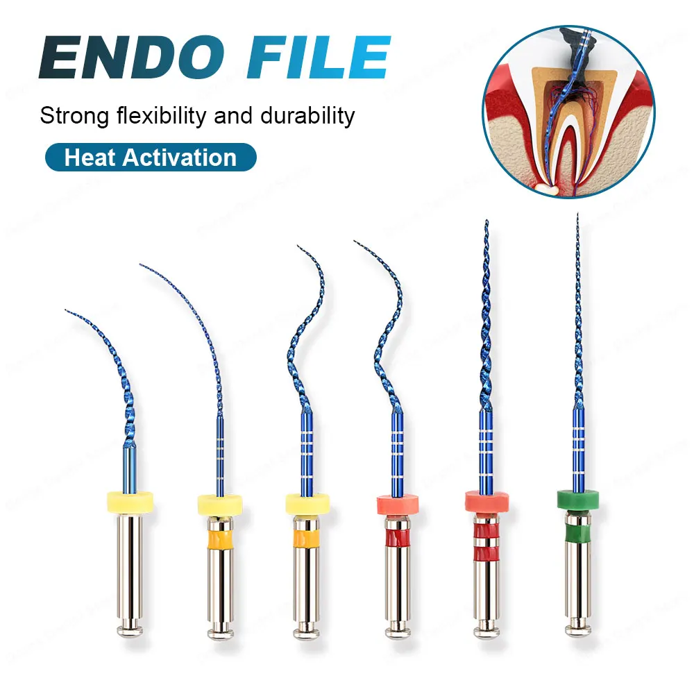 Limas Dentales Rotatorias de Níquel Titanio Glin para Endodoncia, Limas Dentales Azules para Limpieza de Conductos Radiculares, Activación por Calor, 21/25 mm