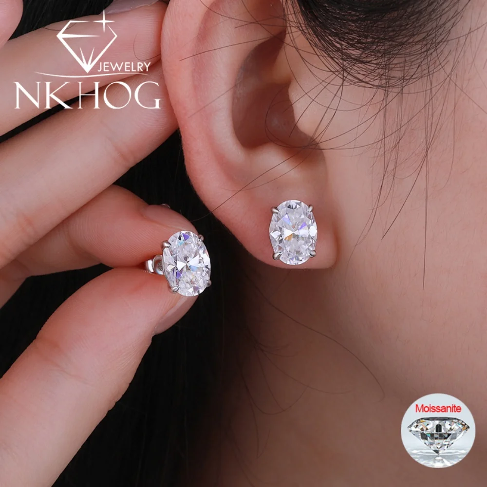 NKHOG-pendientes ovalados de moissanita de 1-4CT, pendientes de plata S925 con diamantes brillantes para mujeres y hombres, joyería chapada en 18K para boda GRA