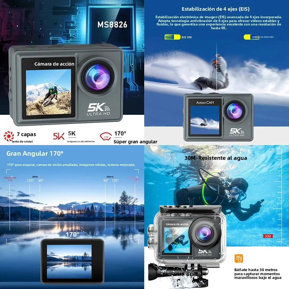 Cámara de Acción 5K 4K60FPS con Pantalla Táctil LCD IPS Dual, DVR, EIS 170 °   Cámara deportiva con zoom de 5 aumentos, resistente al agua hasta 30 metros, con micrófono inalámbrico y control remoto.