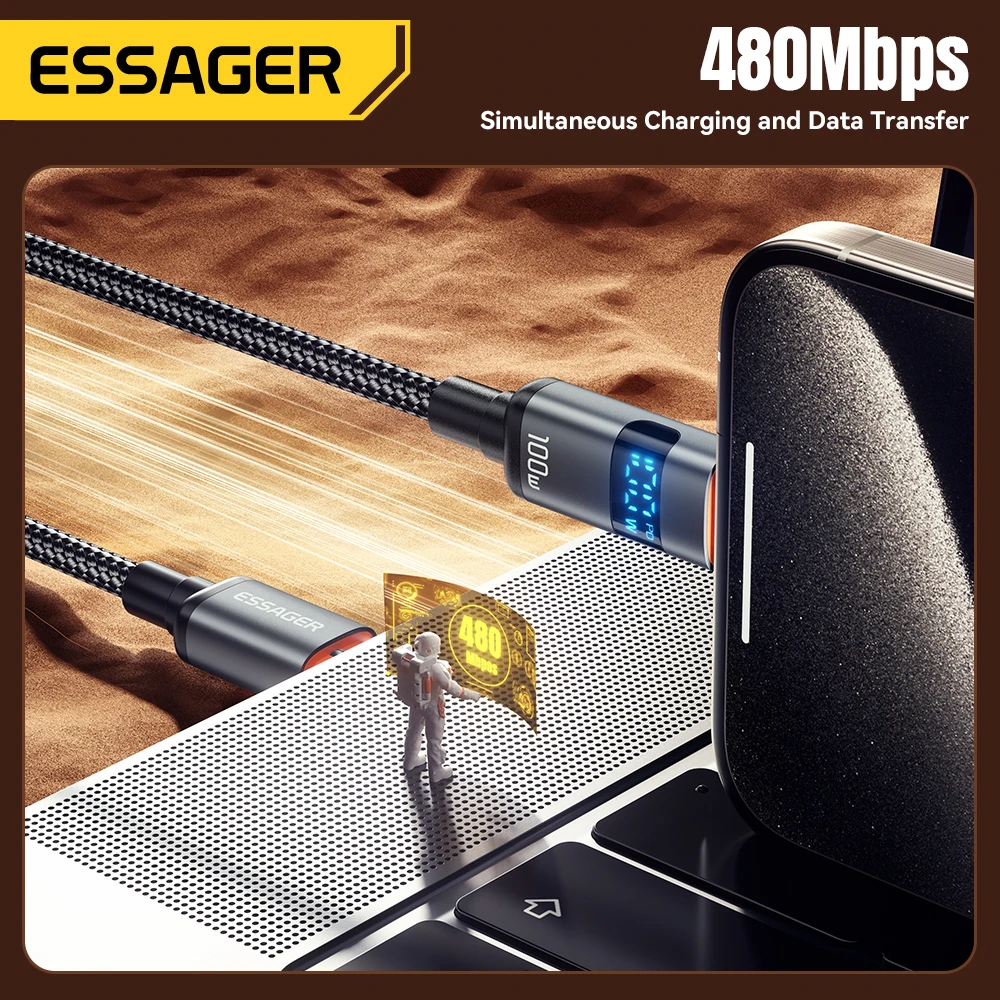 Cable Essager de 100W USB C a Tipo C con Pantalla Digital, Carga Rápida de 5A, Cable Tipo C a Tipo C para MacBook Pro, Xiaomi, Huawei, Samsung