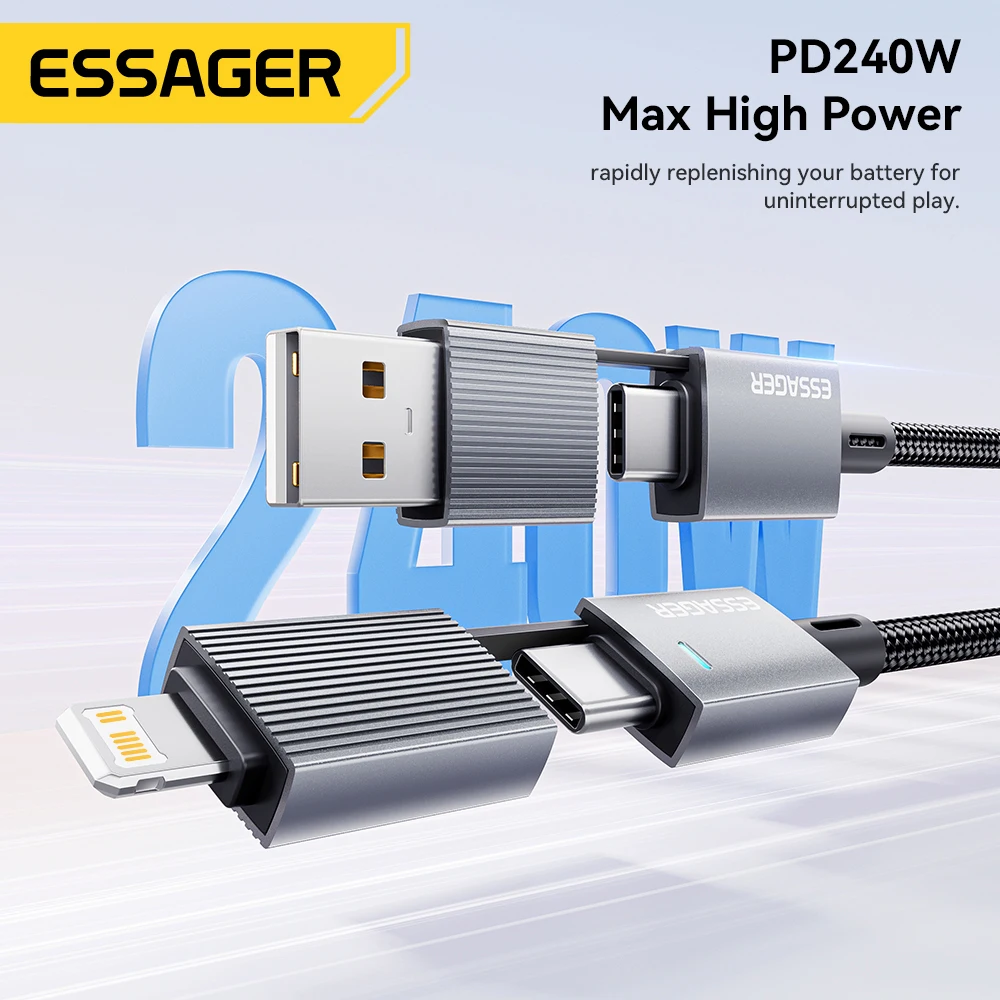 Cable de Carga Rápida Essager 240W 4 en 1 para iPhone 17 16 15 Pro Max, Macbook, iPad, Xiaomi, Samsung, Macbook, USB Tipo C a USB C
