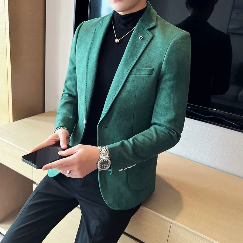 Nuevo abrigo de traje de moda para hombre, chaqueta de lujo elegante de terciopelo de piel de venado ajustada, abrigo informal de negocios para boda, traje de talla grande 4XL-S