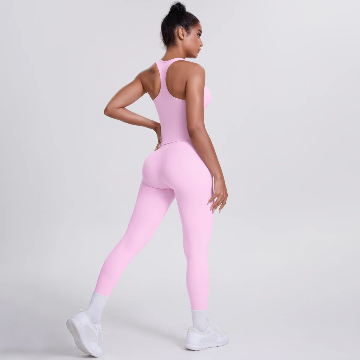 Hamidou - Conjunto de yoga de 2 piezas para mujer: leggings de fitness de secado rápido con efecto push-up y top deportivo con espalda en I de color liso.