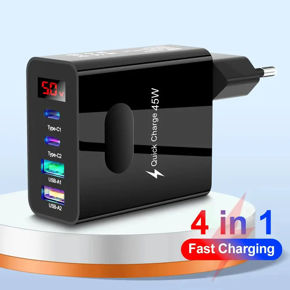 Cargador de pantalla Digital de 4 puertos, cargador USB tipo C, carga rápida 3,0 PD, adaptador de carga de teléfono para Xiaomi, iPhone, Samsung, viaje C
