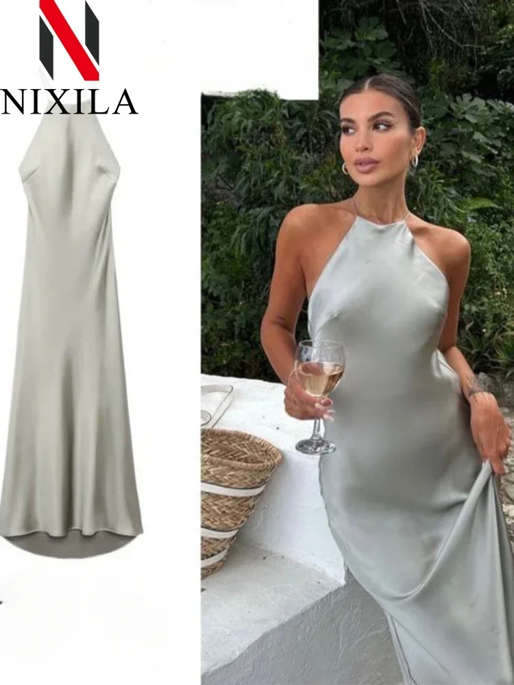 Primavera Verano mujer sin mangas Maxi vestido satén sensación estilo americano europeo Sexy banquete vestido de noche ropa