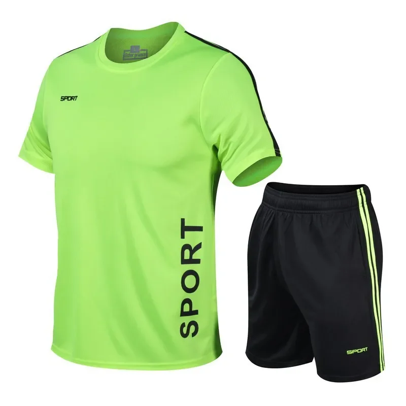 Ropa deportiva para correr para hombre, camiseta con estampado de poliéster y pantalones cortos, traje deportivo de secado rápido, conjunto de 2 piezas para correr, verano 2024