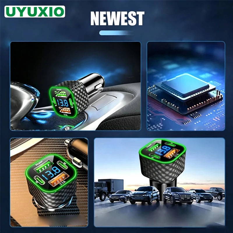 UYUXIO USB C Cargador de teléfono para automóvil Dual PD 4 en 1 con pantalla de voltaje Adaptador de carga súper rápida para iPhone Xiaomi Oppo Vivo Samsung