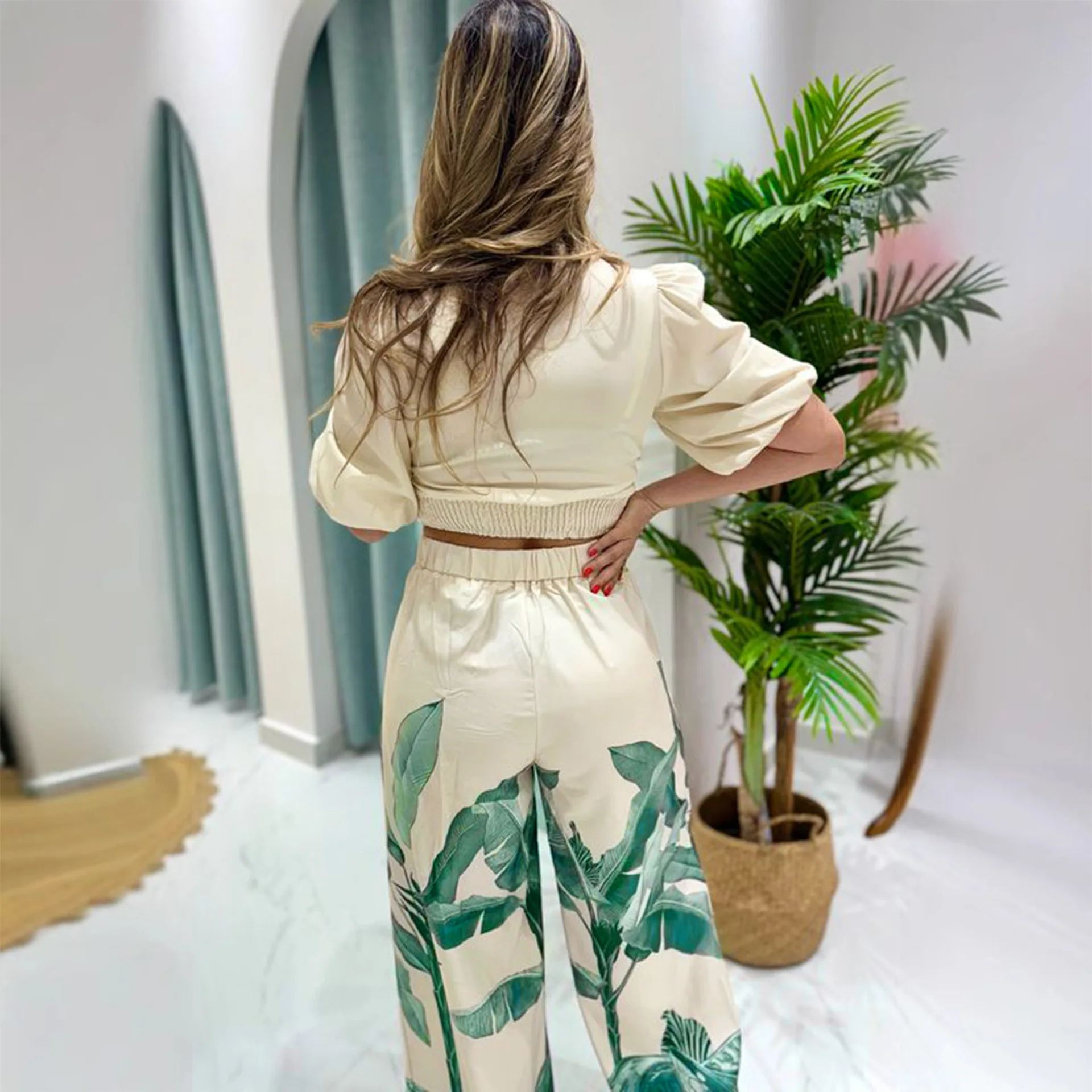 Wmstar, conjunto de dos piezas para mujer, pantalón corto informal de manga estampada con cuello en V, manga acampanada, pantalones largos de pierna ancha, traje al por mayor, triangulación de envíos
