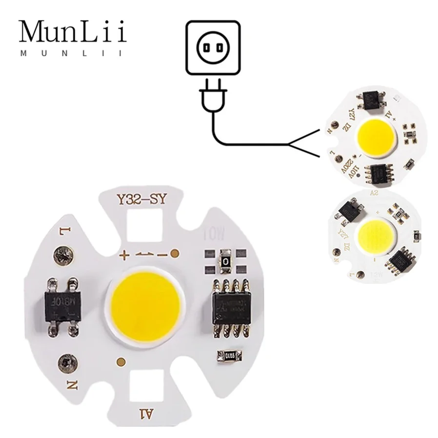 Chip LED COB MunLii sin Necesidad de Controlador, 220V, 3W 5W 7W 10W 12W, Lámpara con Chip LED, Bombilla LED Inteligente con IC para Proyector, Blanco Frío, Blanco Cálido