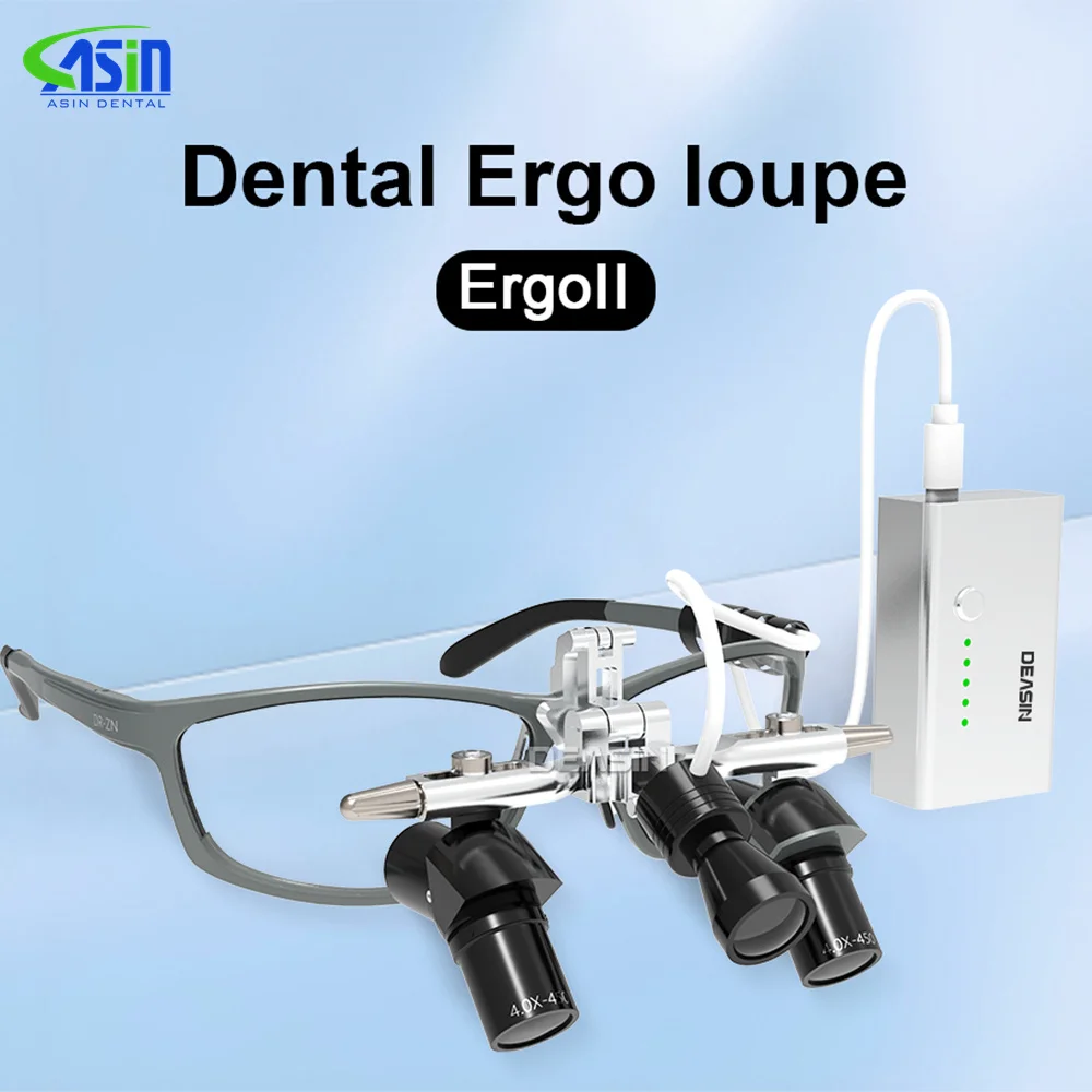 DEASIN Lupas Dentárias Ergo2 45 ° Estructura de esquina óptica Lupa 4X 5X 6X con lente de cirugía de luz LED de 5W