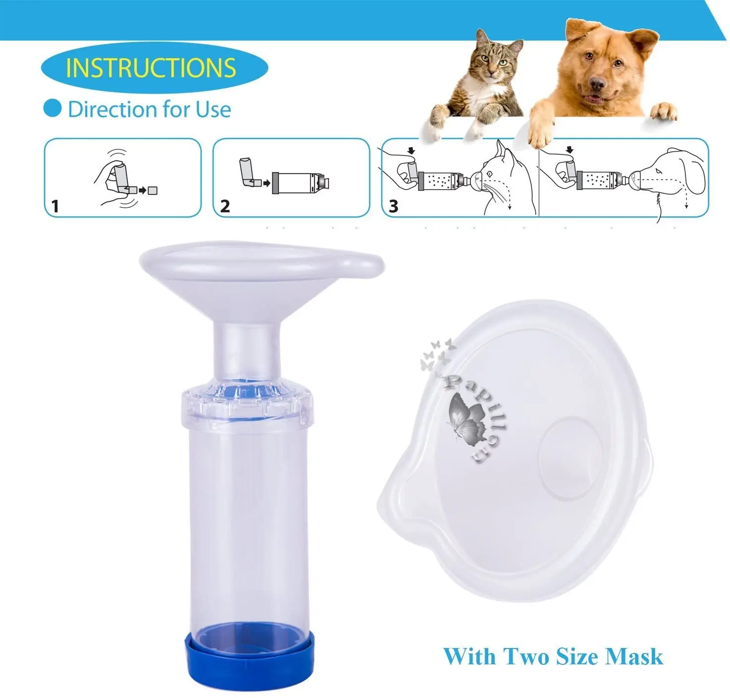 Inhalador espaciador para perros y gatos, cámara de Aerosol, felino, Cannie, incluye máscara de 3 tamaños e instrucciones