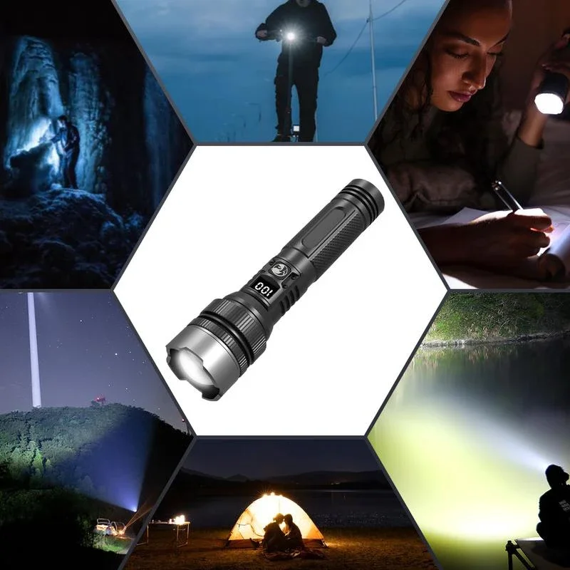 Linterna LED Súper Brillante Lenovo 1000000LM Recargable USB-C con Pantalla Digital, Resistente al Agua IPX8, Larga Duración, para Camping y Emergencias