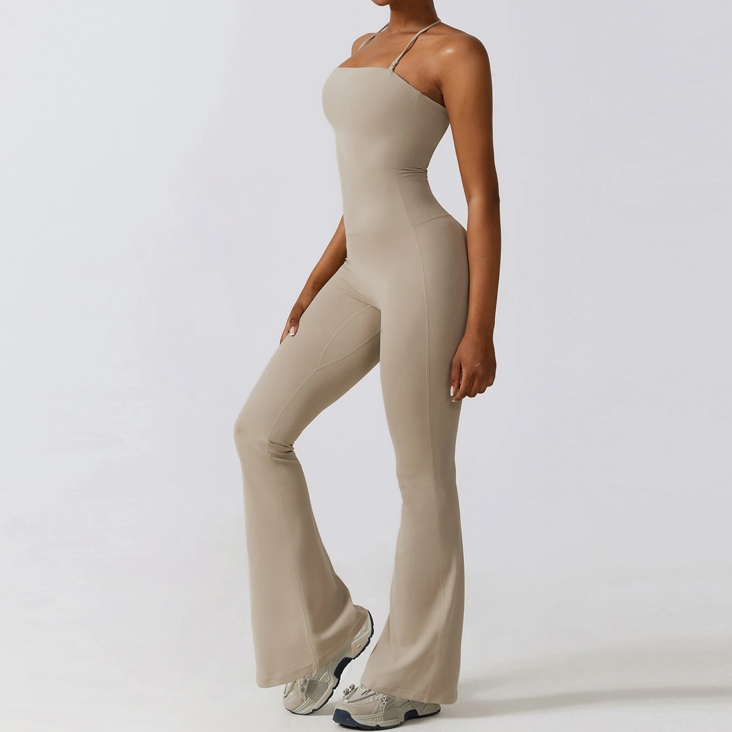 Nuevo mono de yoga sin mangas para mujer, overol acampanado para gimnasio, ropa deportiva con cuello halter y espalda descubierta para mujer