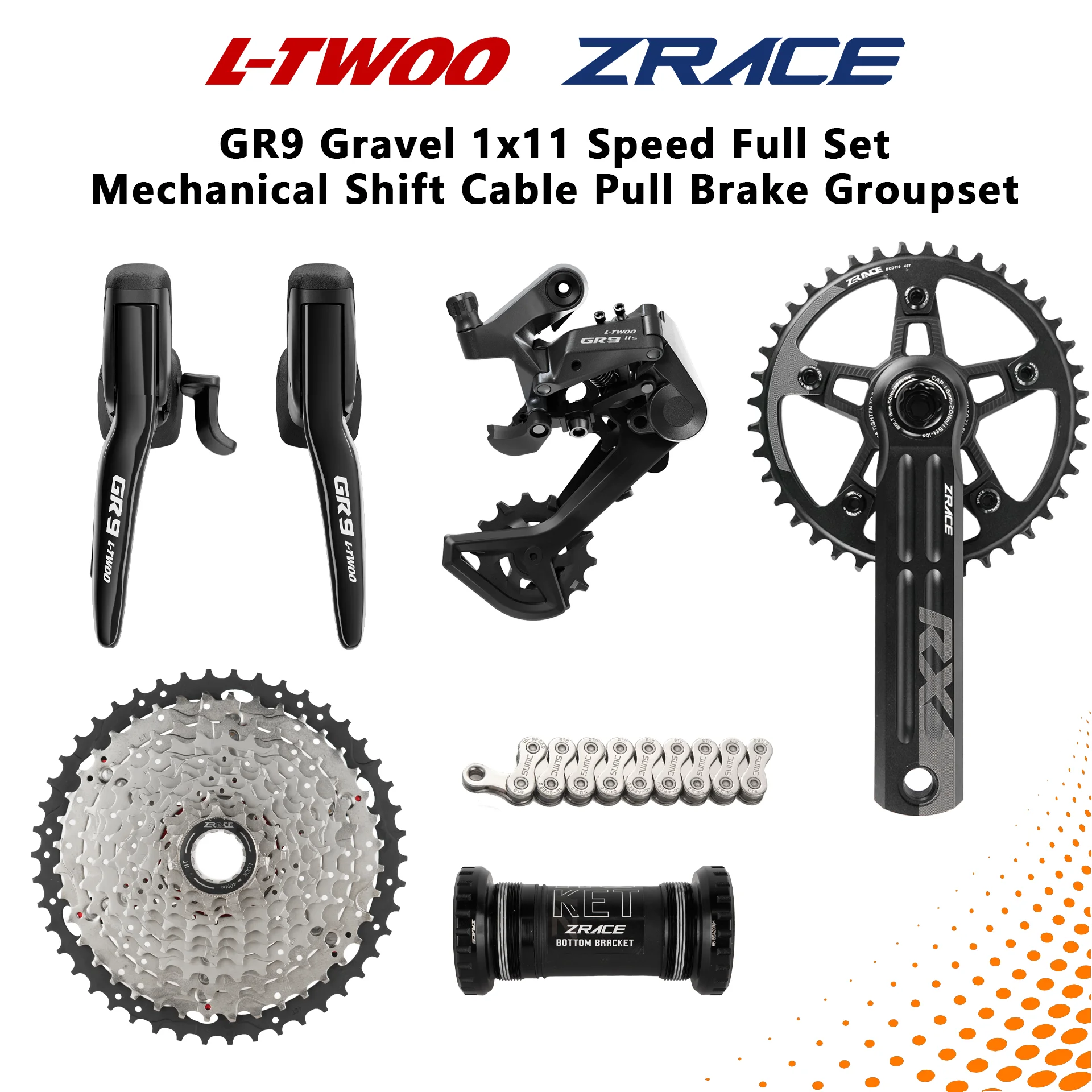 Grupo de Transmisión Mecánico LTWOO GR9 para Bicicleta Gravel CX 1x11S con Cassette ZRACE, Bielas, Cadena, Cable de Transmisión, Kit de Frenos de Disco, Opciones de 48T y 50T