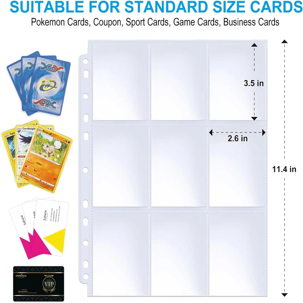 Fundas para álbum de tarjetas comerciales de un solo lado, 450 bolsillos, protectores de juego de plástico transparente con 9 bolsillos, tarjetas de béisbol de Pokémon, 50 páginas