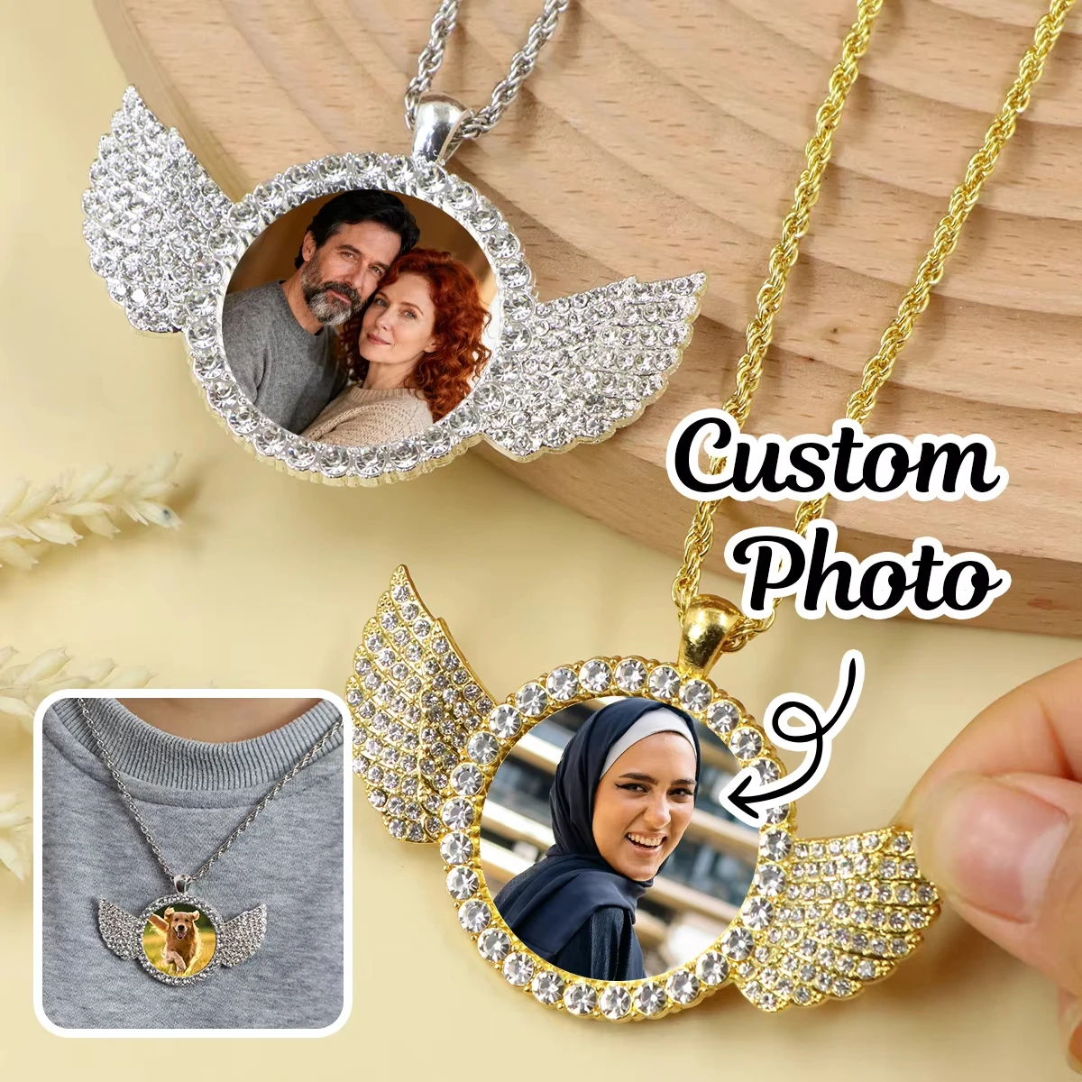 Collar Redondo con Alas de Ángel y Foto Personalizada, Colgante con Imagen Personalizada y Cadena Tennis, Joyería Conmemorativa Unisex para Hombres y Mujeres