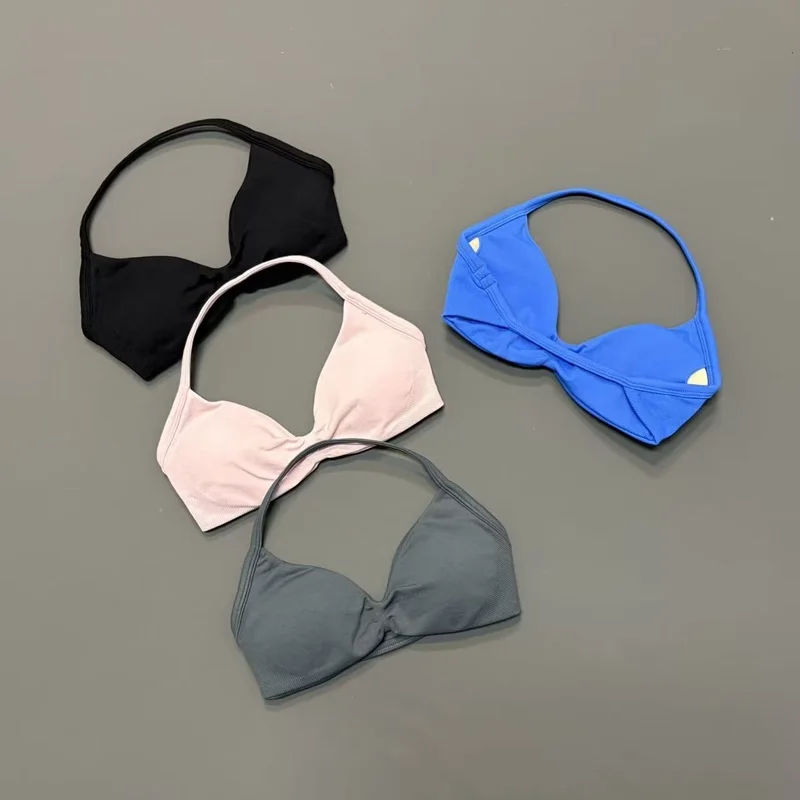 Sujetador deportivo halter para mujer con cuello en V, acolchado, para yoga, con copas extraíbles, suave como la mantequilla, sin costuras, para entrenamiento, gimnasio, fitness, top de ropa deportiva.