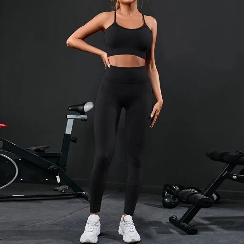 Chándal de Yoga sin costuras para mujer, ropa deportiva de entrenamiento, ropa de gimnasio, Leggings de cintura alta, trajes deportivos de Fitness, 2 piezas