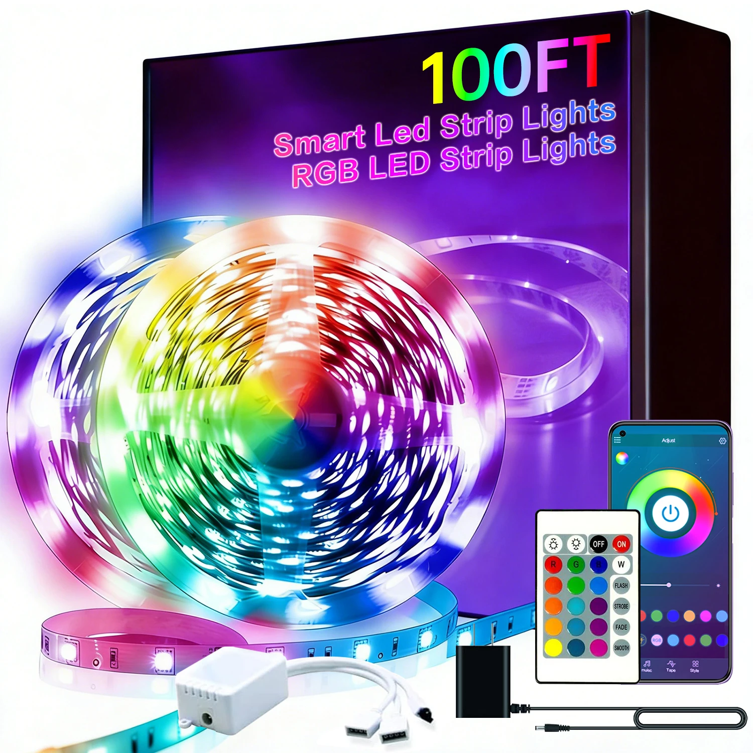 Tiras de luces LED para dormitorio de 100 pies, juego de tiras de luces LED de colores, con control remoto de 24 teclas y control de aplicación inteligente, iluminación sincronizada con la música RGB, adecuadas para habitaciones, decoración del hogar