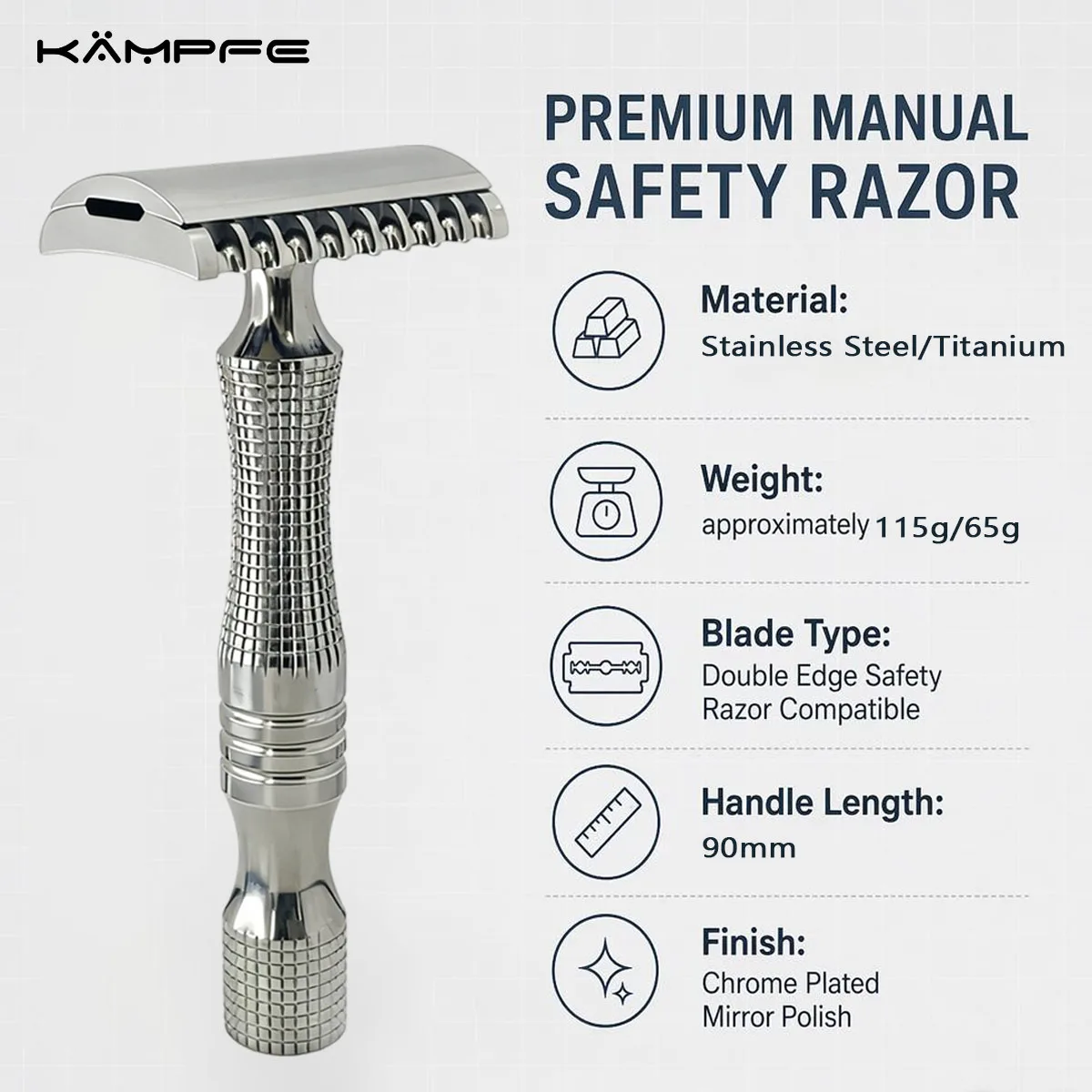 KAMPFE Maquinilla de Afeitar de Seguridad de Acero Inoxidable/Titanio, Maquinilla Manual de Doble Filo Mecanizada con Precisión CNC, Afeitado Suave en Húmedo para Hombres