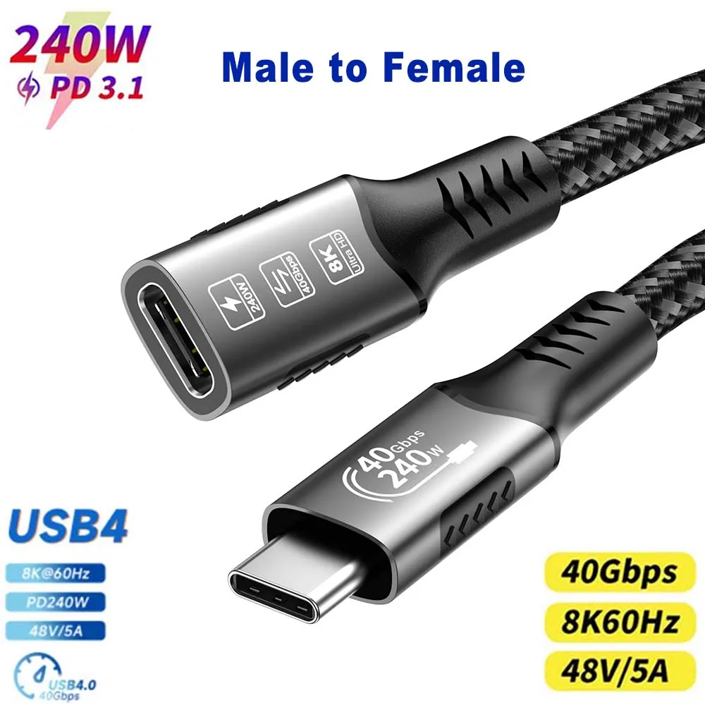 Cable de extensión tipo C 8K, extensor de Cable de carga rápida macho a hembra, USB C 4, vídeo UHD, 40Gbps, 240W, PD3.1 con Thunderbolt 4/3