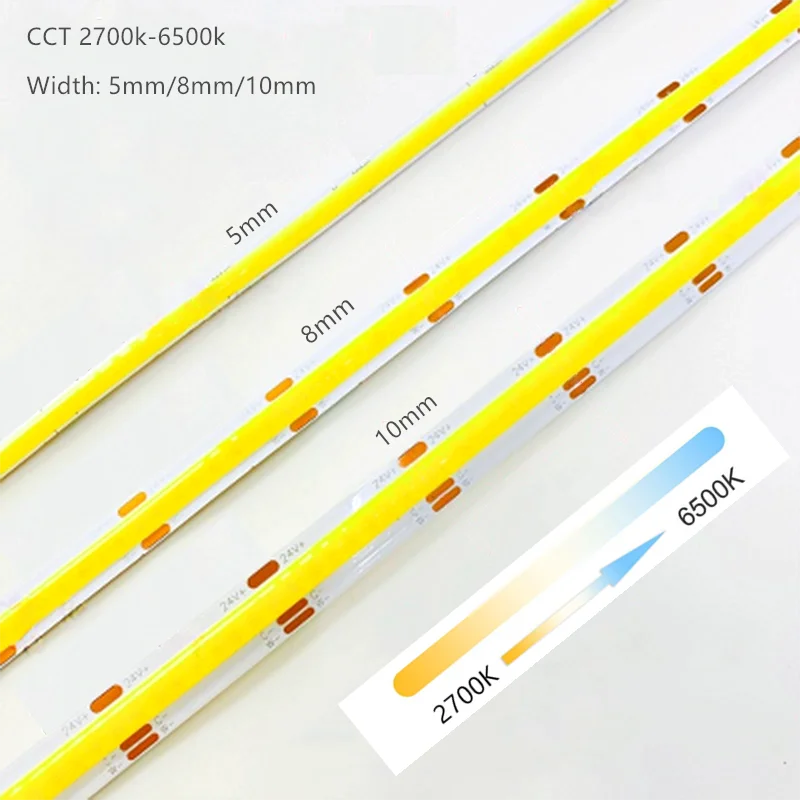 Tira de luces LED COB CCT de 12V, 24V CC, 2700K a 6500K, cinta LED que cambia de Color, cinta lineal de doble Color RA90 regulable de 5mm y 8mm de ancho