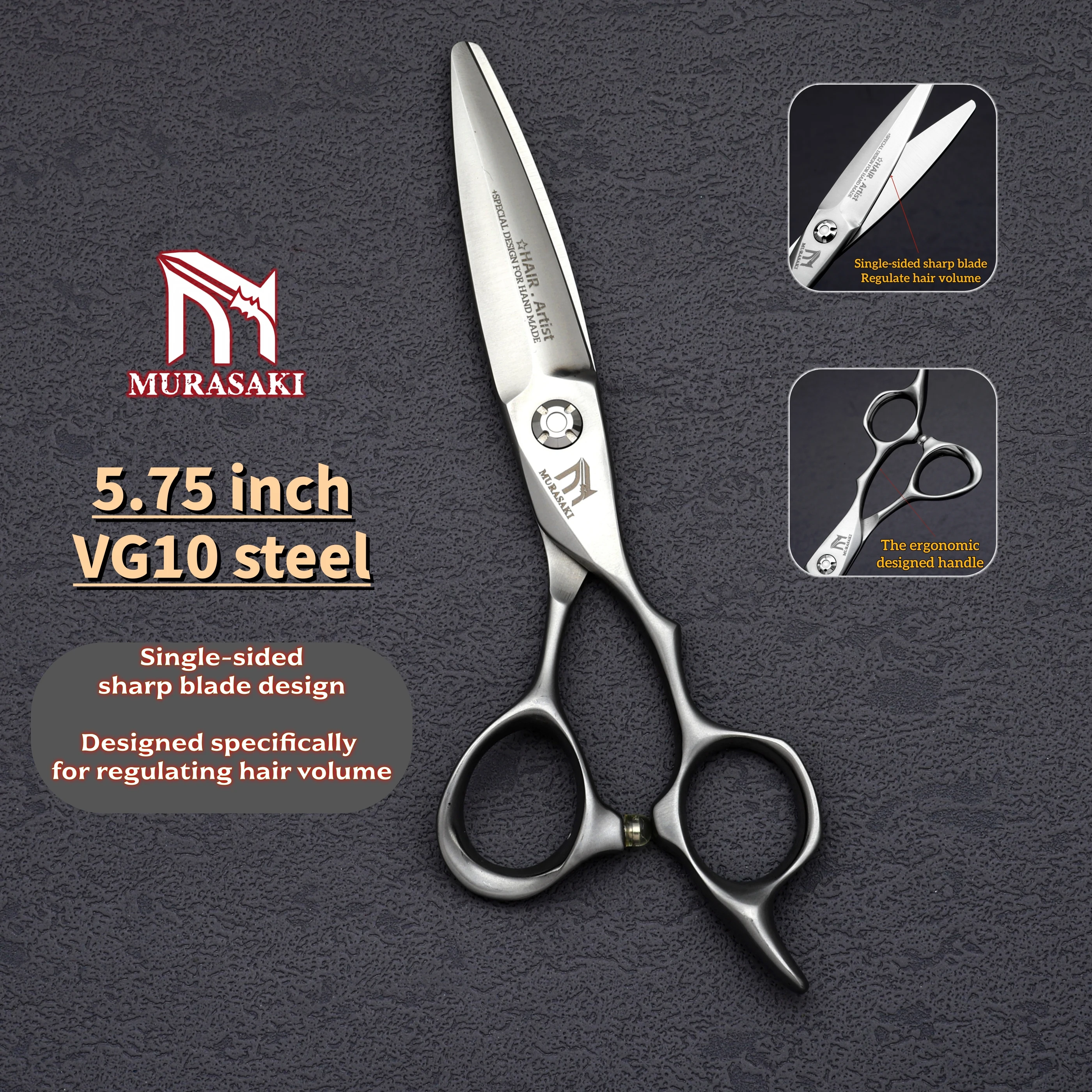 Tijeras de Barbero Profesionales de Acero VG10, Hoja de 5.75 Pulgadas con Diseño de Hoja de Sauce, Cuchilla Afilada de un Solo Lado, Especializadas para Regular el Volumen del Cabello