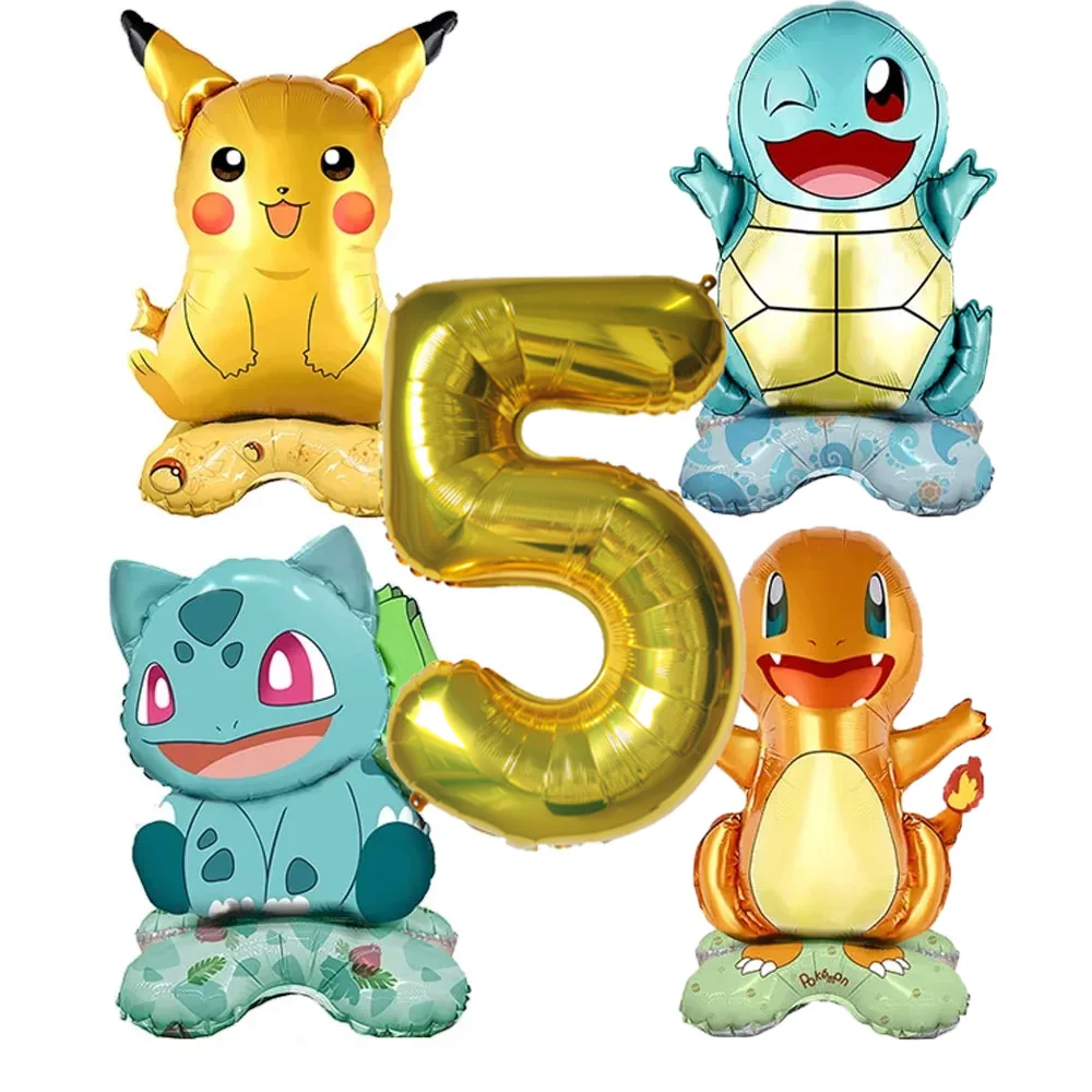 Set de 5 Globos de Látex con Números de Pokémon: Pikachu, Charmander, Squirtle, Bulbasaur, para Decoración de Fiestas de Cumpleaños