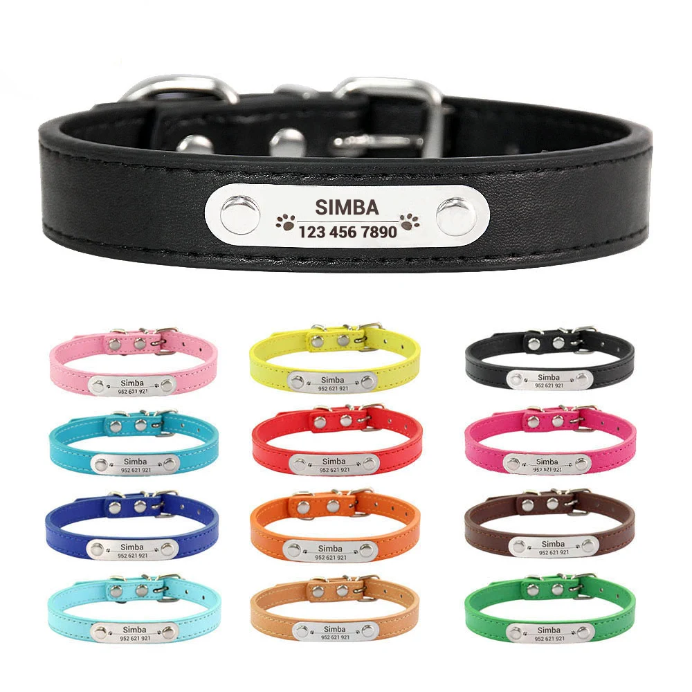 Collar de perro personalizado con nombre, ID tallado, Collar de cuero PU sólido antipérdida para perros pequeños, medianos y grandes, suministros para cachorros y gatos, color rosa