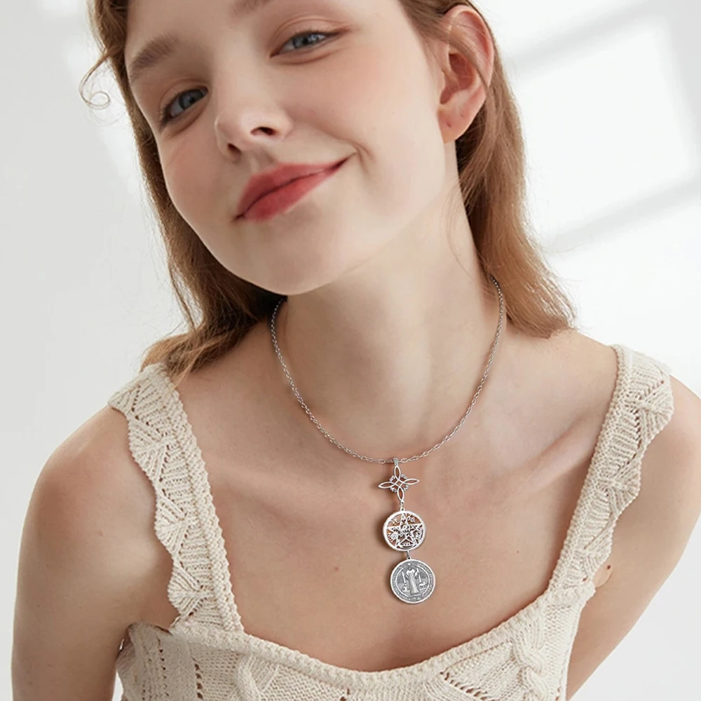 Collar de triple protección con nudo de bruja, pentagrama, tetragrammaton, San Benito, amuleto con símbolo espiritual de acero inoxidable, joyería