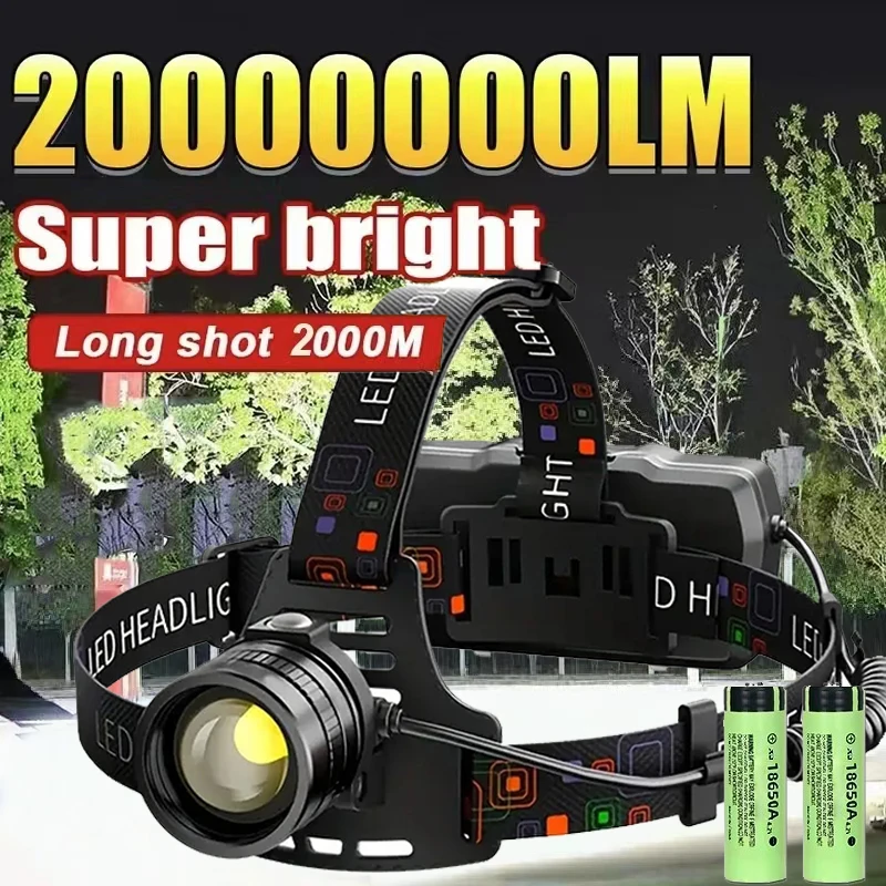 Linterna frontal de aleación de aluminio recargable por USB, lámpara frontal superbrillante, 3 modos de iluminación, luces frontales con zoom