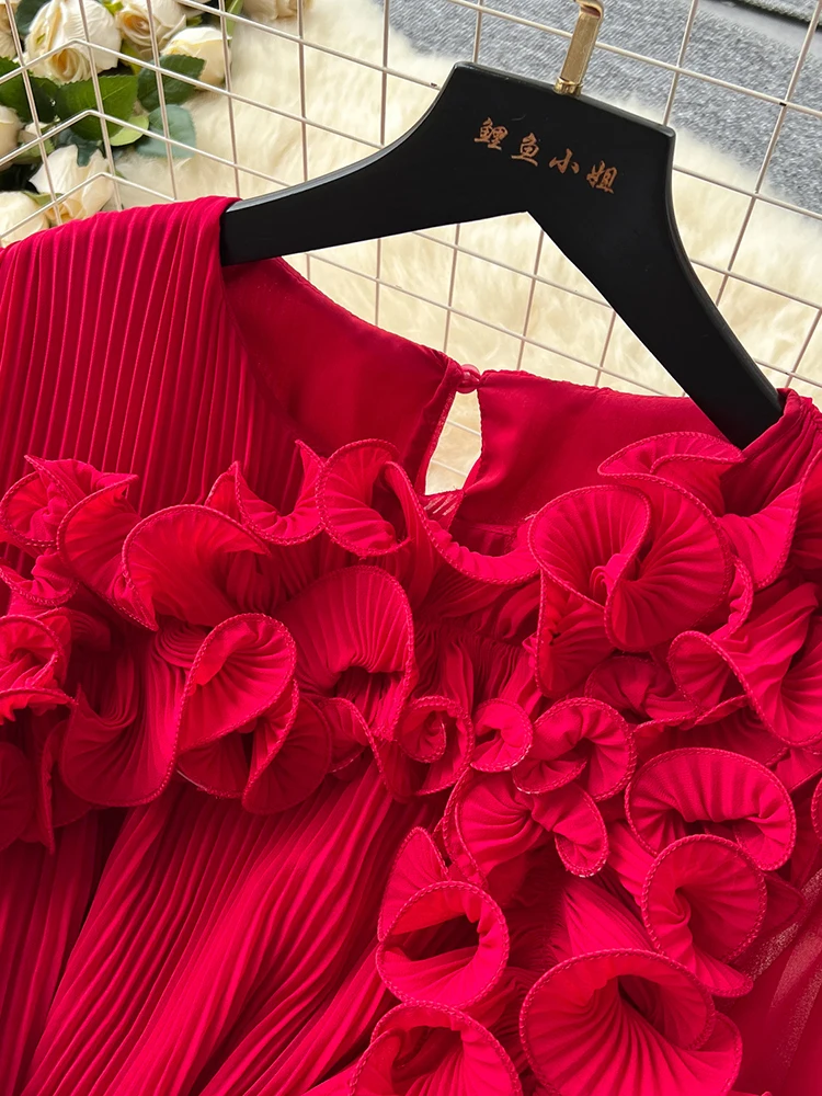 2026 primavera otoño moda elegante vestido para mujeres nuevo francés seta borde prensado suelto gasa manga larga vestido largo C141