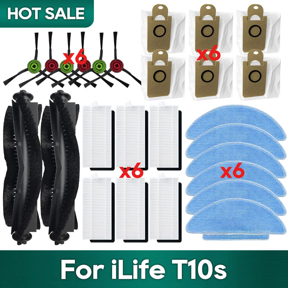 Compatible con robots aspiradores iLife T10s Kit de piezas de repuesto Accesorios principales Cepillo lateral Filtro Hepa Paño de Mop Paño de limpieza Bolsa de polvo