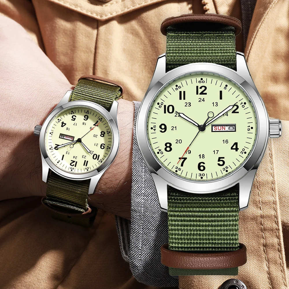 Reloj de Pulsera 2026 de 42 mm con Esfera Luminosa, Función de Día y Fecha, Correa de Lona Verde, Resistente al Agua 30M, Correa Color Caqui