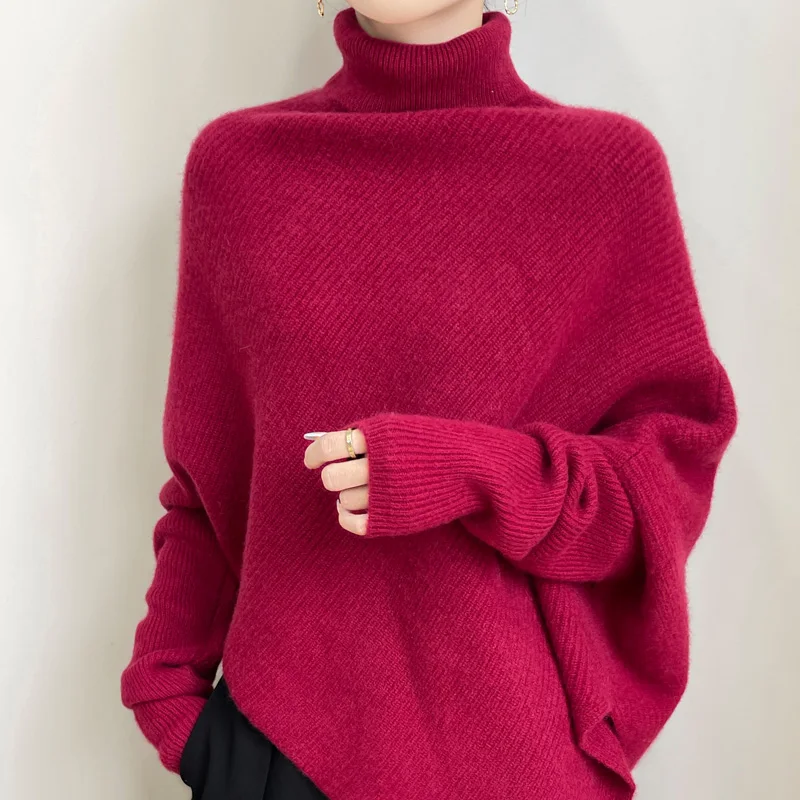 100% de lana merina para otoño e invierno, jersey con mangas de murciélago y cuello alto, prendas de punto de manga larga, Top cálido y elegante de Cachemira para mujer