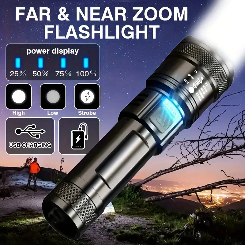 Linterna con Zoom telescópico, Luz LED de alta potencia recargable por USB, linterna táctica portátil para exteriores, luz fuerte
