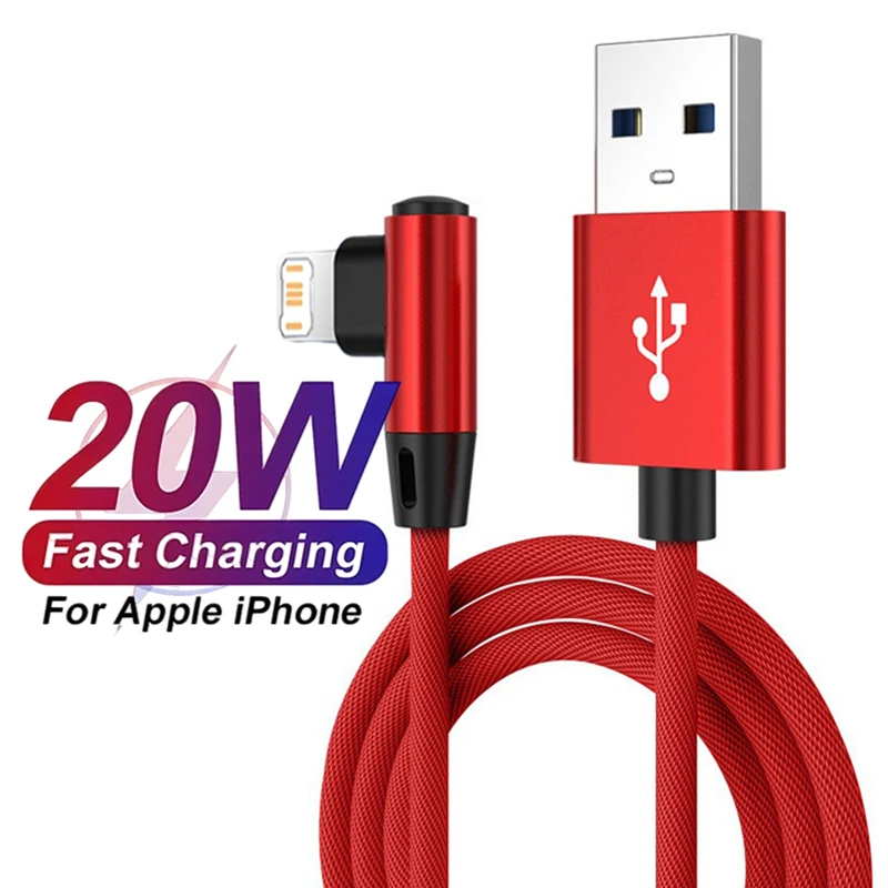 Cable de carga USB con codo de 90 grados para iPhone 11, 12, 13, 14 Pro X XR XS Max 7 8 Plus, Cable de cargador rápido trenzado de nailon para juegos, 2m, 3m