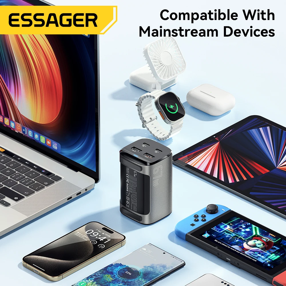 Essager 67W USB C GaN cargador de escritorio carga rápida 4,0 QC 3,0 PD tipo C carga rápida para MacBook Samsung POPC iPhone 15 portátil