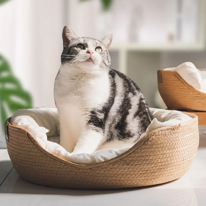 Cesta de ratán para mascotas, colchón de hierba tejida, nido de gato, perrera, tabla de rascar de paja, cama de gato para cachorro y gatito, Universal para todas las estaciones